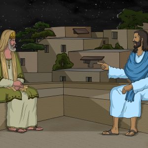 Two men sit and chat in a night setting, Nicodemus on the left and Jesus on the right. Taken from the sign language Bible translation video background